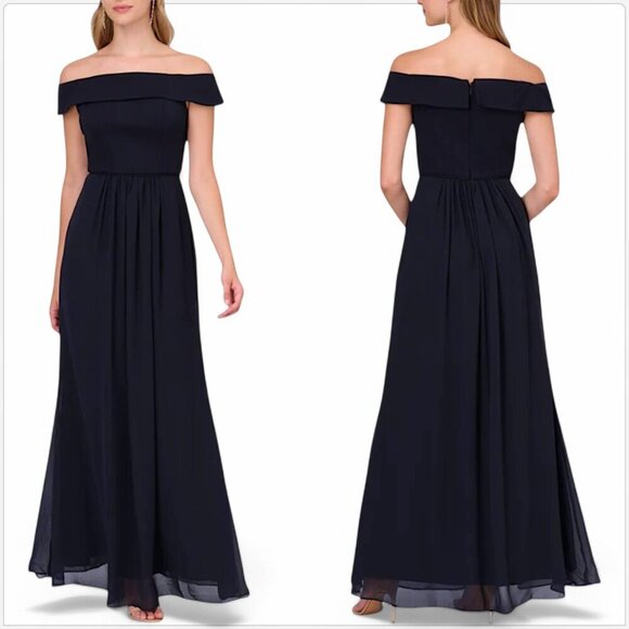 Adrianna Papell Off-Shoulder Navy Maxi Dress - Picture 1 of 6